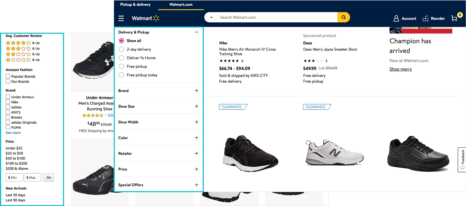 Amazon product filters compared to Walmart